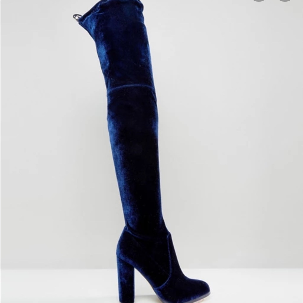 ASOS kingdom blue velvet thigh high boots 6